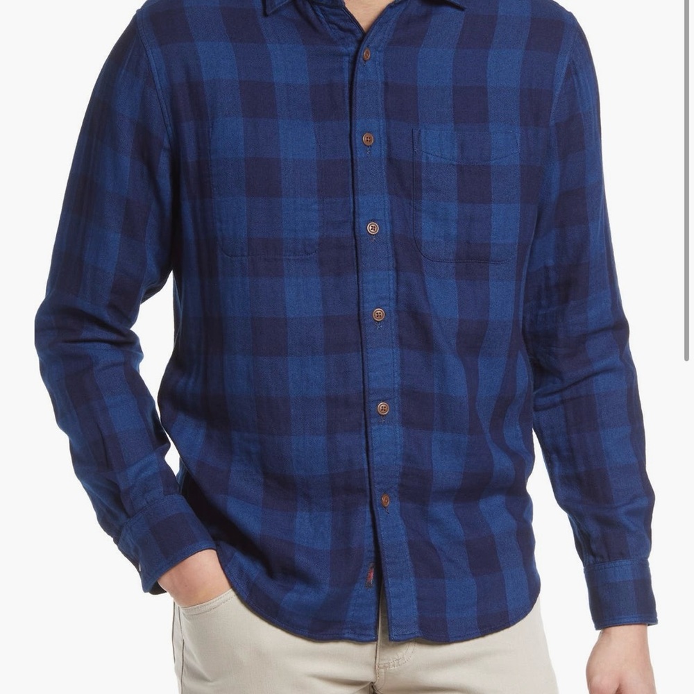 Faherty Navy Blue Plaid Long Sleeve Button Up Reversible Cotton Shirt Large - Picture 1 of 1